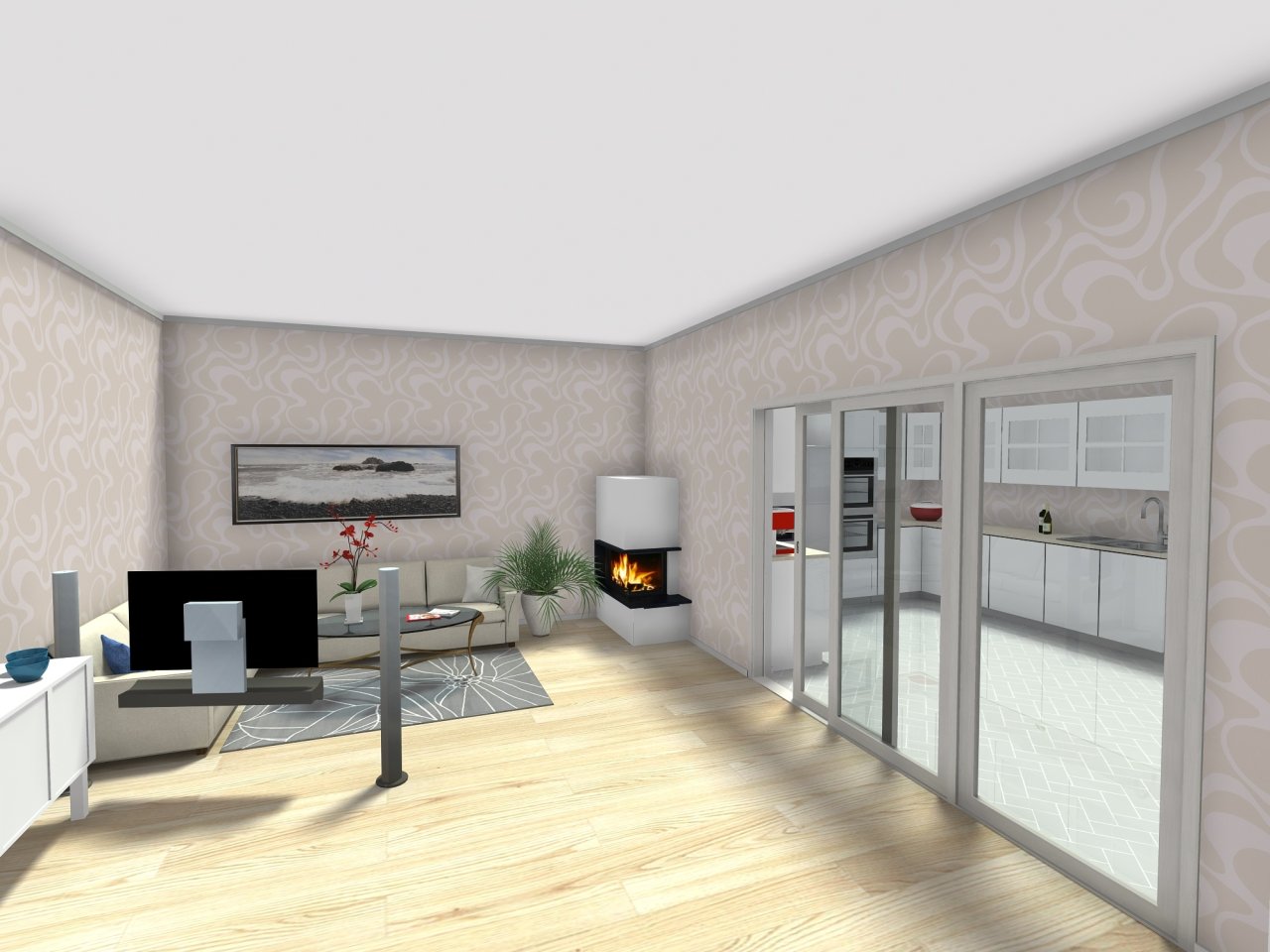 Wohnzimmer 3D Beispiel mit Durchbruch zur Küche